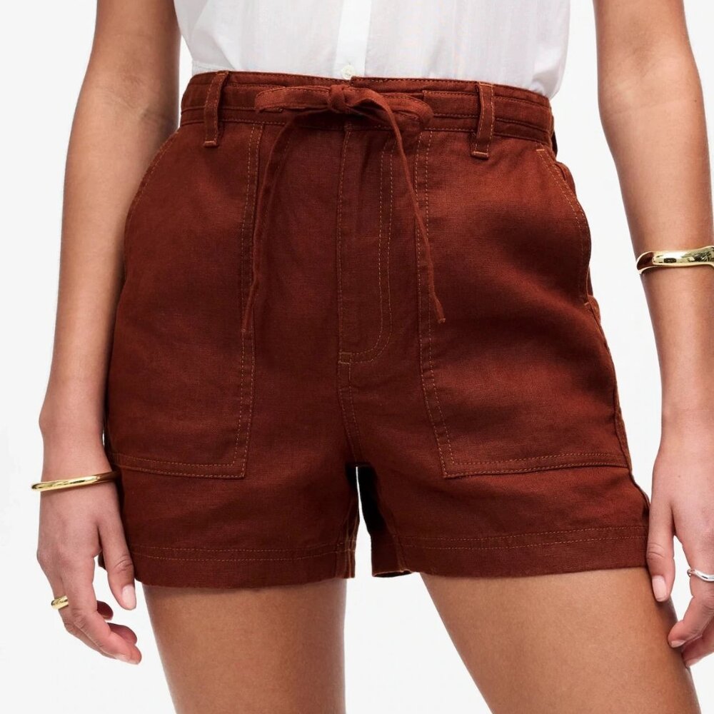 Madewell Pull On Drawstring Shorts in 100 Linen henna Large NWT